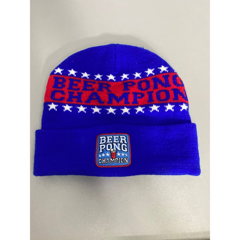 Polar Knitz Beer Pong Champion Beanie Blue Red‎ White Stars Knit Winter Hat